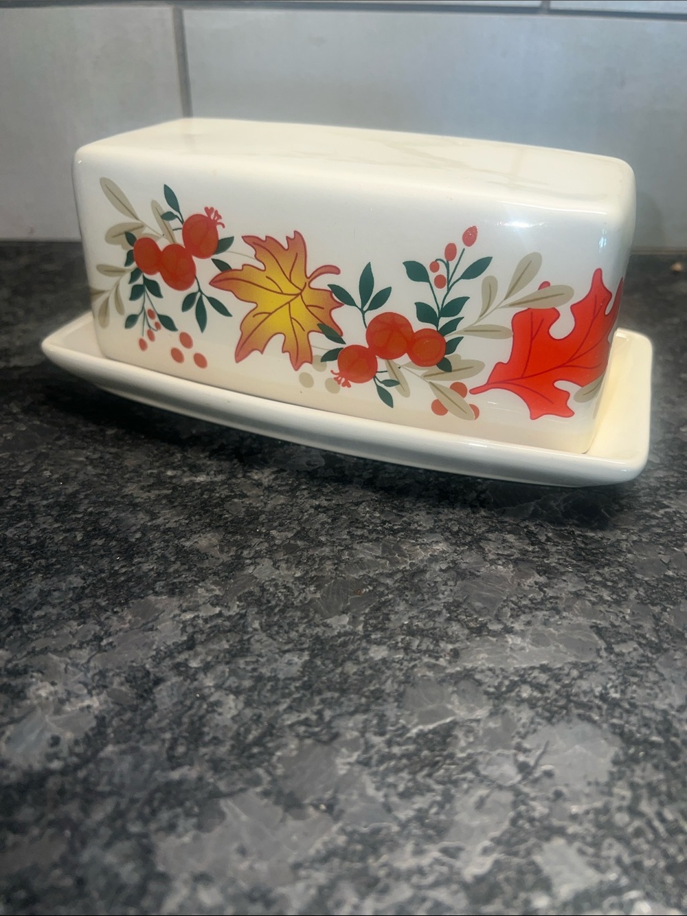 Ceramic Butter Dish with Autumn Leaf Floral Design - White